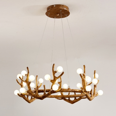 Frosted Glass Orbs Chandelier Lodge Living Room Ceiling Light with Branch Design in Wood