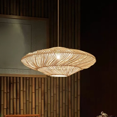Geometric Tearoom Pendant Light Rattan 1 Head Minimalist Ceiling Hang Lamp in Wood