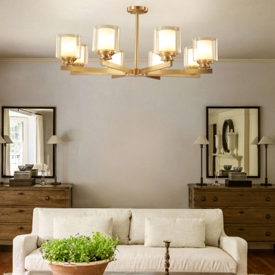 Gold Chandelier Light Retro Double-Layer Glass Cylinder Pendant Light Fixture for Living Room