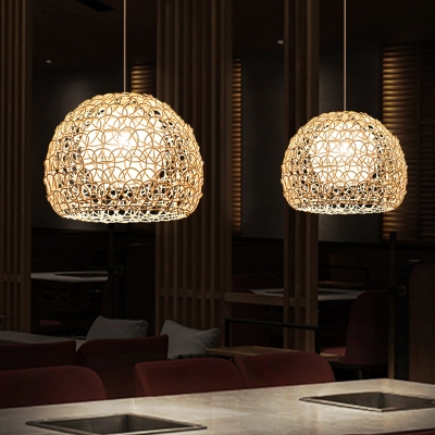 Hemispherical Pendant Light Contemporary Rattan Single-Bulb Restaurant Suspension Lighting in Wood