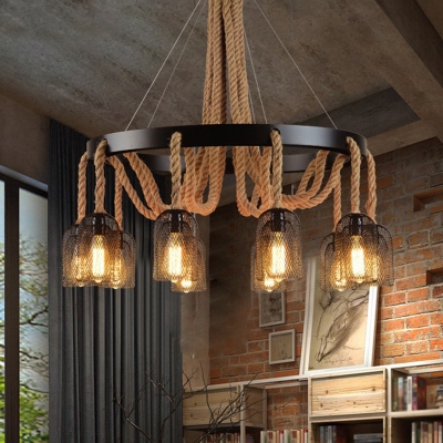 Iron Black Hanging Light Bell Shaped Mesh Cage Industrial Chandelier with Hemp Rope