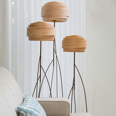 Layered Wood Veneer Floor Light Novelty Japanese Style 1 Head Beige Stand Up Lamp for Living Room