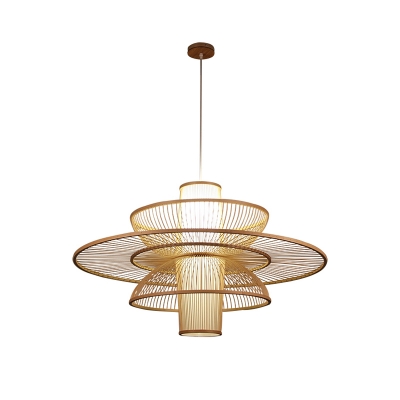 Lotus-Shaped Suspension Light Simplicity Bamboo 1-Light Tea Room Pendant Light Fixture in Wood