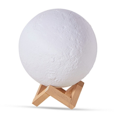 Moon Nightstand Lamp Nordic Style Plastic White LED Table Lighting with Wood Base for Bedside