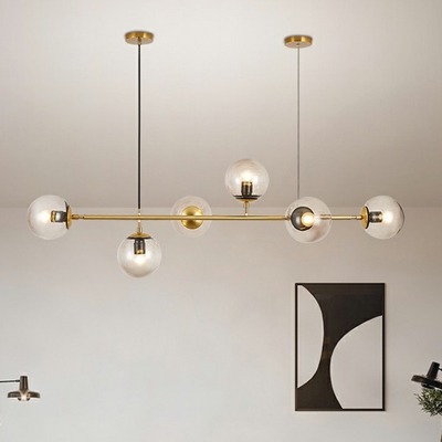 Postmodern 6-Light Island Lighting Brass Linear Pendant with Ball Smoke Grey Glass Shade