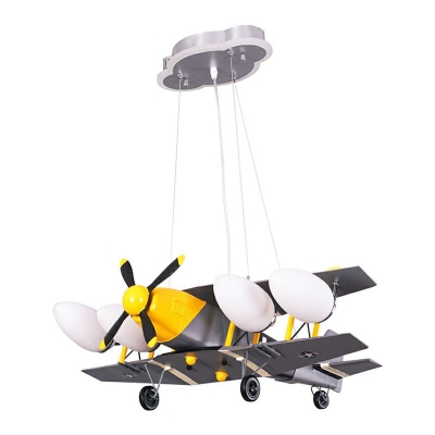 Propeller Plane Hanging Lamp Kids White Glass 4-Head Grey Chandelier for Bedroom