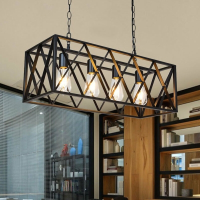 Rectangle Island Light Fixture Industrial-Style Black Metal Hanging Ceiling Light for Restaurant