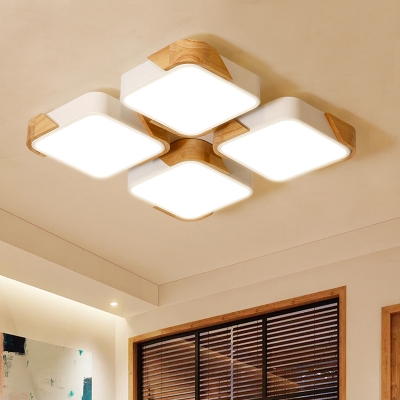 Rectangular Living Room Ceiling Lighting Acrylic Nordic LED Flush Mounted Light with Wood Round Corner