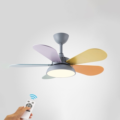 Remote Control Round LED Hanging Fan Light Macaron Metal Childrens Bedroom Semi Flush Ceiling Light