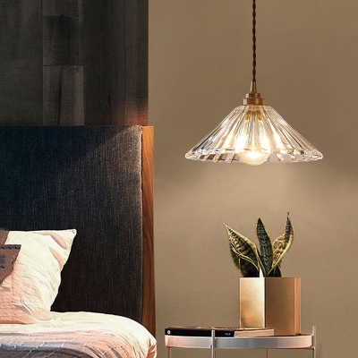 Retro Style Cone Suspension Lighting 1 Head Clear Ribbed Glass Pendant Ceiling Light for Bedside