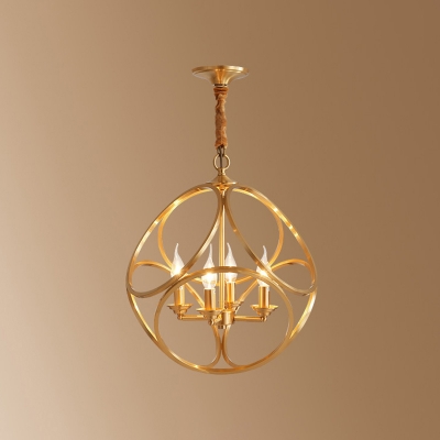 Simplicity Candle-Style Chandelier Light 4 Bulbs Metallic Ceiling Lighting with Cage in Gold