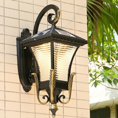 Solar Powered LED Wall Mounted Light Vintage Flared Ribbed Glass Wall Sconce in Black for Yard