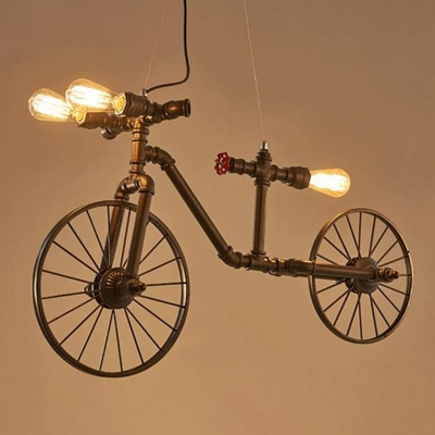 Steampunk Bike Shaped Pipe Pendant Lamp 3 Bulbs Metal Hanging Island Light in Black