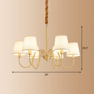 Tapered Fabric Hanging Light Minimalist Living Room Chandelier with Swooping Arm in Brass