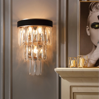Tiered Beveled Crystal Wall Light Postmodern 3 Lights Black Sconce Lighting for Living Room