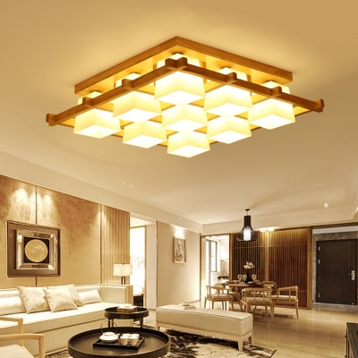 Trapezoid Flush Mount Lighting Modern Opal Glass Living Room Ceiling Light in Wood