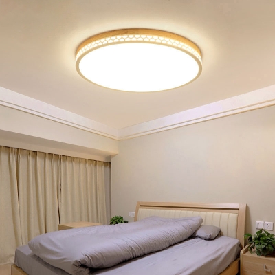 White Round Hollowed-out Ceiling Light Modern Acrylic Led Flush Mount with Wood Canopy