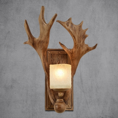 Wood 1-Head Wall Lamp Country Style Cylinder Opal Glass Sconce Lighting with Antler Decor