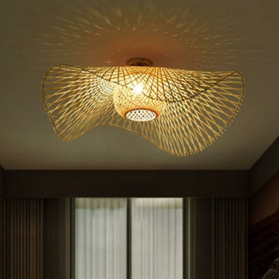 Wood Lotus Leaf Ceiling Light Fixture South-East Asia Single Bamboo Flushmount Lighting