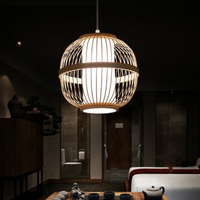 Wood Sphere Ceiling Hanging Lantern Chinese Single-Bulb Bamboo Suspension Pendant Light