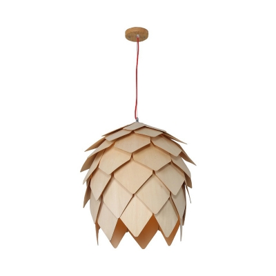 Wooden Pinecone Down Lighting Pendant Modern 1 Bulb Beige Hanging Light for Restaurant