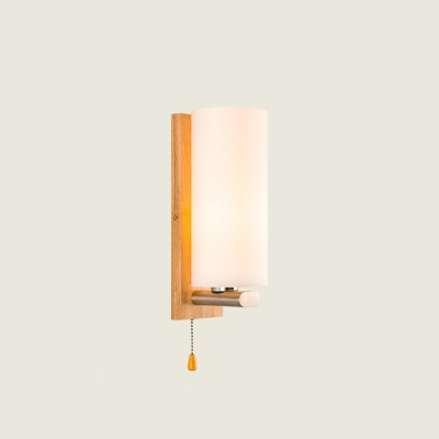1-Light Bedside Pull Chain Sconce Light Simple Wood Wall Light with Cylinder White Glass Shade