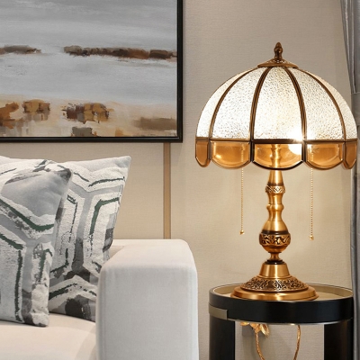 2 Bulbs Table Light Traditional Dome Scalloped Glass Nightstand Lighting with Pull Chain in Brass