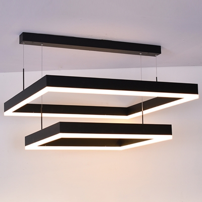2-Layer Square Living Room LED Suspension Light Acrylic Nordic Style Chandelier Light in Black