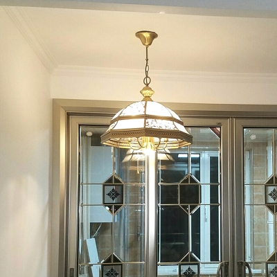 Antique Panes Ceiling Lighting Frosted Glass Chandelier Light with Pull Chain in Gold