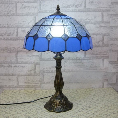 Antiqued Brass Shaded Table Lamp Tiffany 1-Bulb Handcrafted Stained Glass Night Light