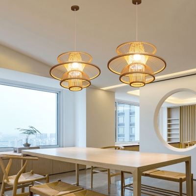 Bamboo Lotus-Shaped Ceiling Light Nordic Style 1 Bulb Wood Hanging Lamp for Dining Room