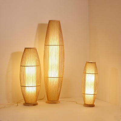 Barrel Shaped Cage Floor Lamp Asian Bamboo 1 Bulb Living Room Standing Light with Inner Fabric Shade