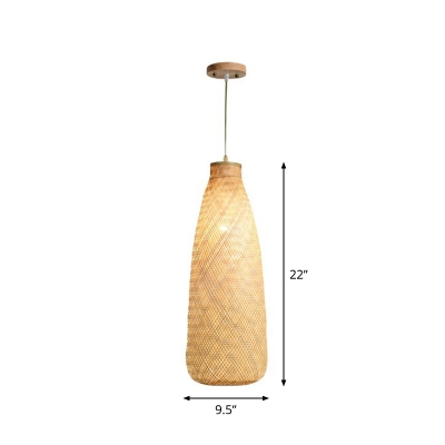 Beige Lantern Suspension Lighting Asian 1 Head Bamboo Hanging Pendant Light for Tearoom