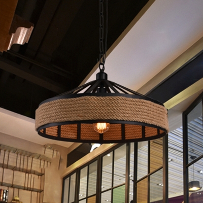 Black 1 Bulb Hanging Pendant Rural Hemp Rope Geometry Ceiling Light for Restaurant