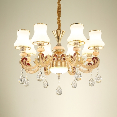 Ceiling Hanging Light Traditional Flared White Glass Chandelier in Gold for Living Room