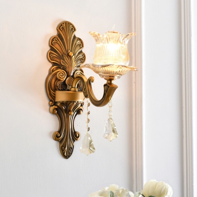 Clear Glass Antiqued Gold Sconce Light Flower Shaped Traditional Wall Lamp for Living Room