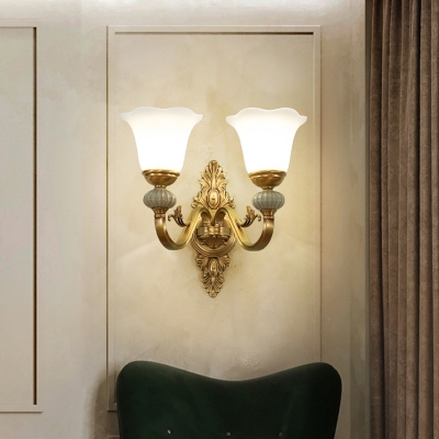 Colonial Style Floral Wall Sconce Frosted White Glass Wall Mount Lighting with Ceramic Accent in Gold
