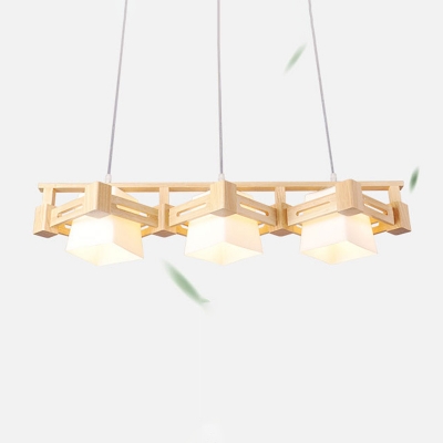 Contemporary 3-Light Island Pendant Wood Linear Hanging Light with Cream Glass Shade