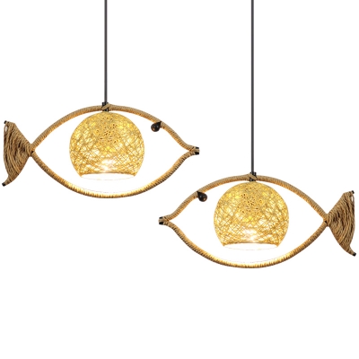 Fish Shaped Restaurant Commercial Pendant Lighting Rustic Rattan Single Brown Hanging Lamp