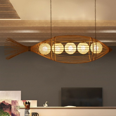 Fish-Shaped Woven Ceiling Lamp Asia Bamboo Wood Chandelier Lighting for Dining Room