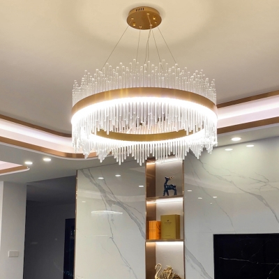 Fluted Clear Glass Rods Chandelier Minimalistic Golden LED Ceiling Hang Light for Restaurant