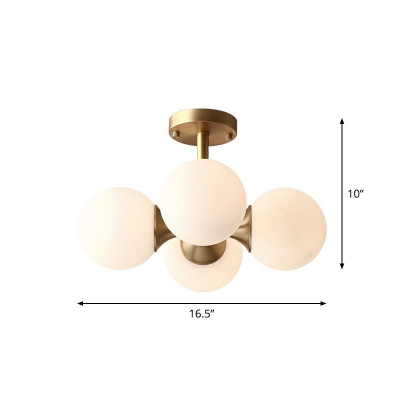 Globe Ceiling Light Contemporary Cream Glass 4 Bulbs Gold Semi Flush Light Fixture for Bedroom