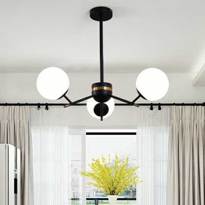 Globe Suspension Pendant Light Nordic Ivory Glass Living Room Chandelier in Black