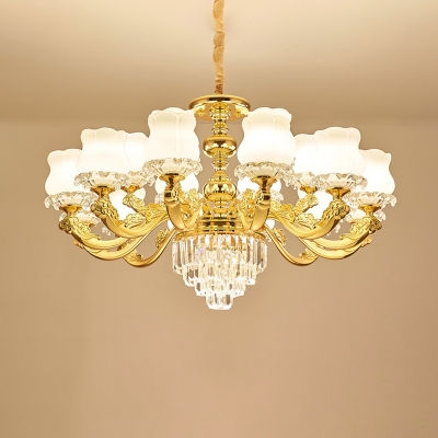 Gold Finish Chandelier Light Traditional White Glass Floral Hanging Lamp with Tiered Crystal Accents