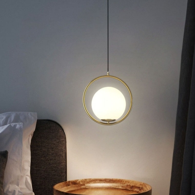 Gold Ring Suspension Lamp Minimalistic 1-Light Opal Ball Glass Hanging Light Fixture
