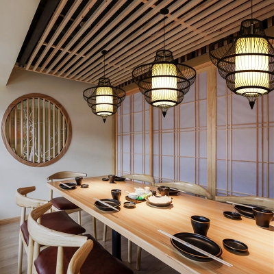 Hot Pot-Shaped Ceiling Light Nordic Style Bamboo 1 Bulb Tea Room Hanging Lamp Fixture