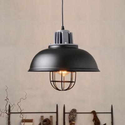 Industrial Bowl Shaped Pendant Light Single Metal Ceiling Lamp with Cage for Dining Room