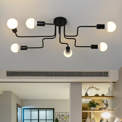 Loft Maze Line Art Ceiling Light Metal Semi Flush Mount Lamp with Exposed Bulb Design