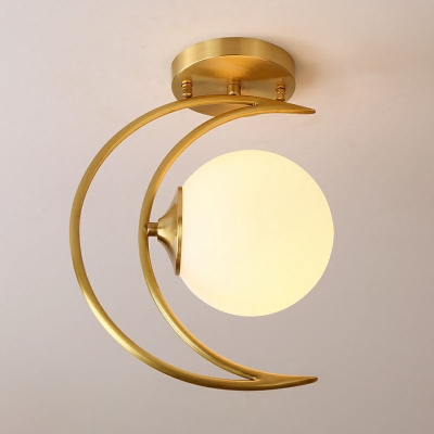 Metal Crescent Flush Mount Light Nordic Single Semi Flush Ceiling Light with Sphere Opal Glass Shade in Gold