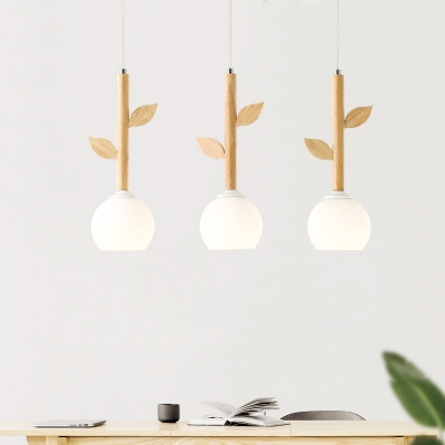 Milky Glass Bouquet Cluster Pendant Light Nordic 3-Bulb Wood Hanging Lamp for Dining Room